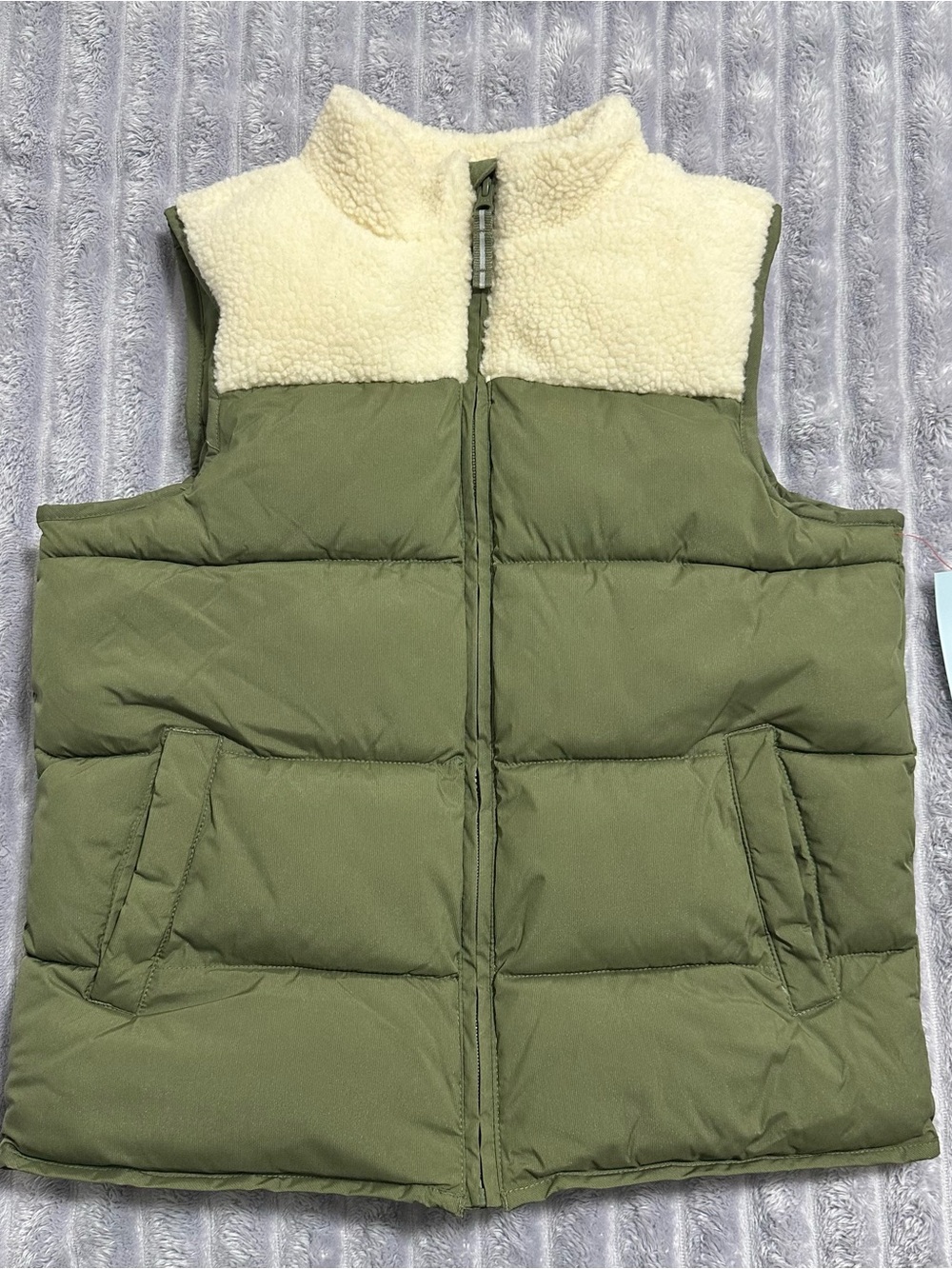 Cat & Jack Olive Green Puffer Vest with Cream Sherpa Yoke